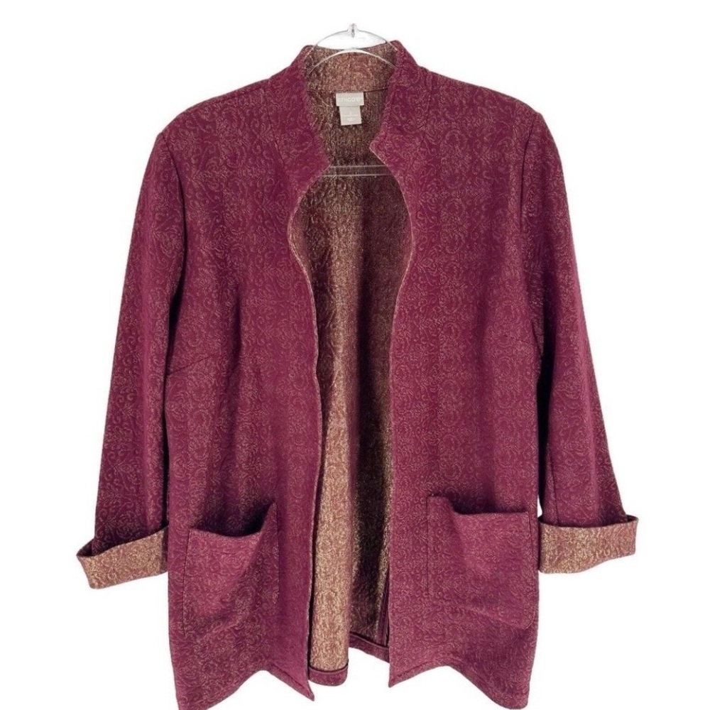 Chico's 2 Jacket Womens Large Red Gold Jacquard Open Front Blazer Longline Knit